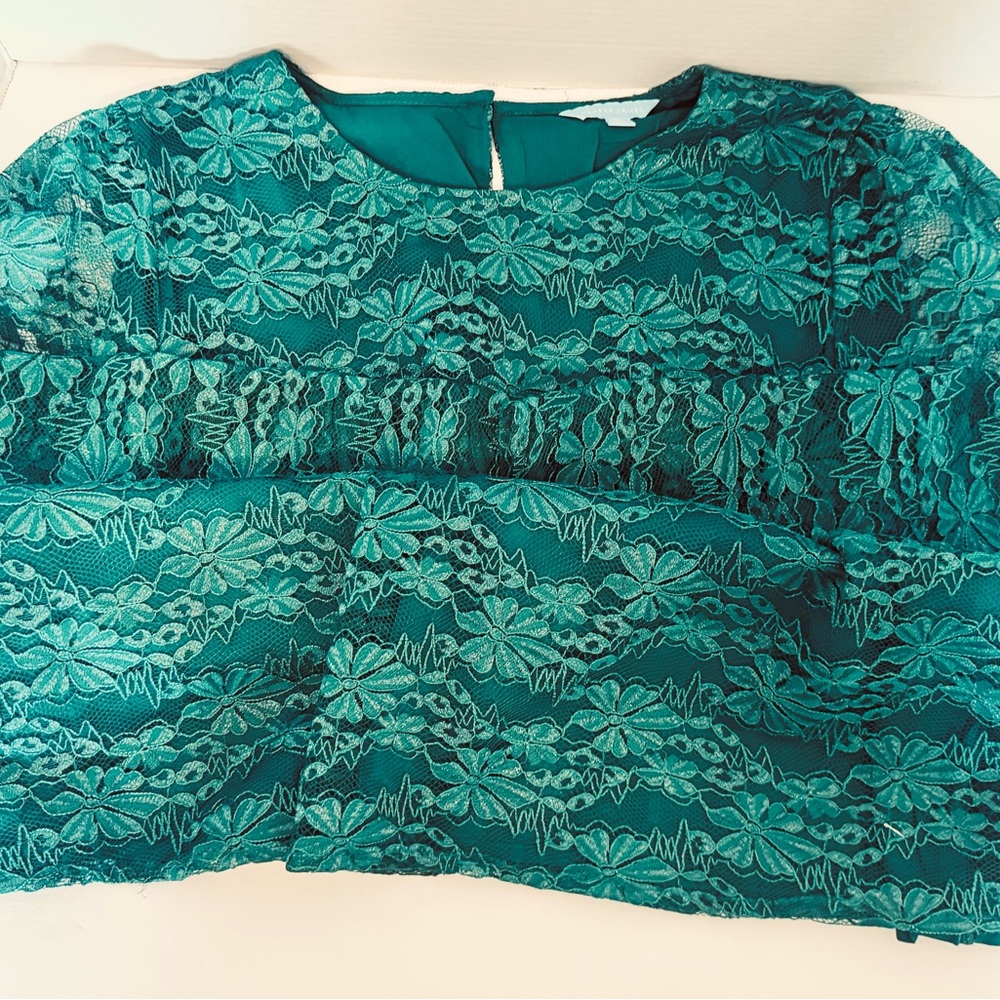 Draper James Green Floral Lace Pull Over Blouse Lined Sheer 3/4 Sleeves - Picture 8 of 15